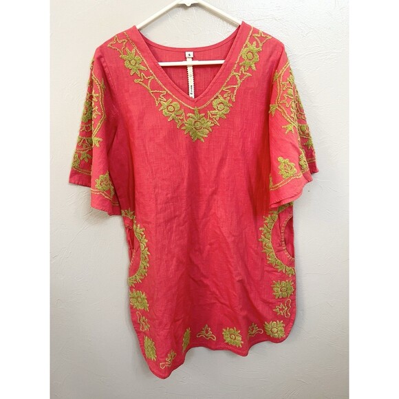 UNCLE FRANK Pink Coral Embroidered Crewel Flowers Boxy Pockets Dress Small $199 - Picture 1 of 10